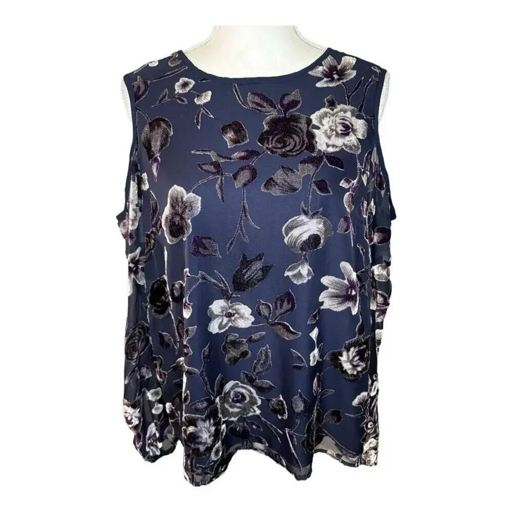Jieru Women’s Large Navy Blue Felt Embroidered Floral Print Cold Shoulder Top